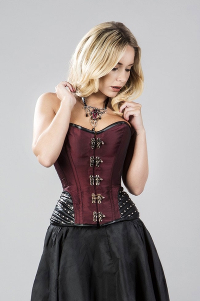 Overbust Corset with Leatherette Hip Panels - Burgundy