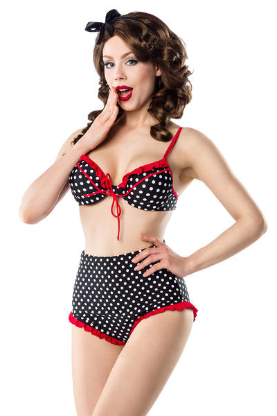 Minnie - Highwaist-Bikini mit Dots und roten Rüschen