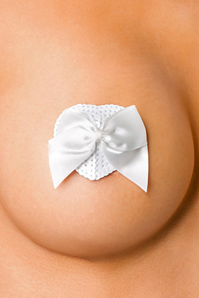 White Sequin Heart-shaped Nipple Covers with Bow