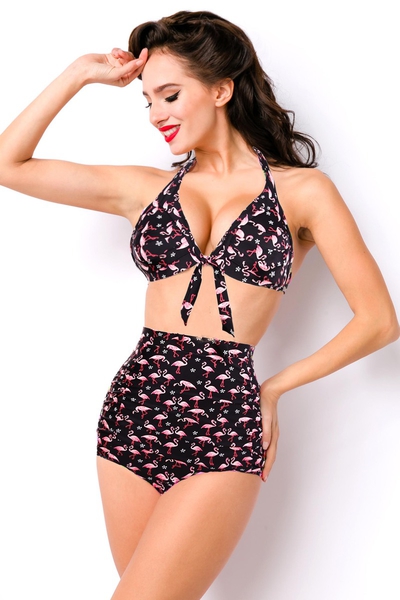 Sweetie - Retro-Bikini-Top mit Flamingo-Print in Schwarz-Pink