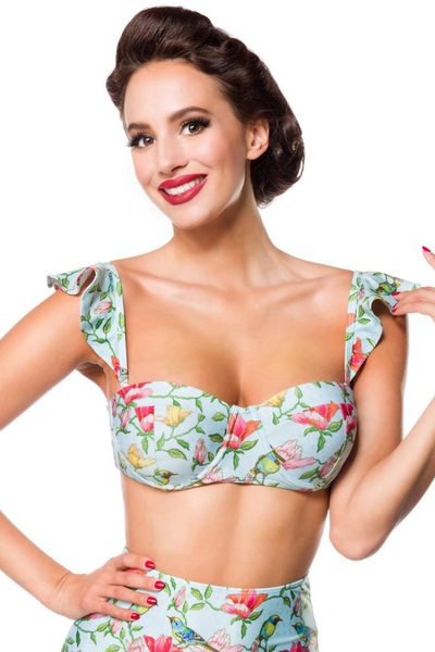 Vintage Retro Bikini Top with Floral Pattern - Blue-Pink-Green