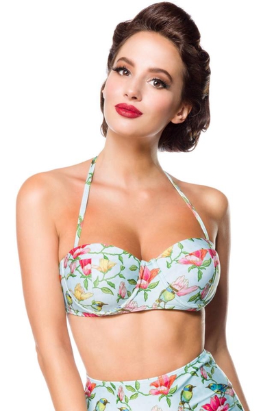 Vintage Retro Bikini Top with Floral Pattern - Blue-Pink-Green