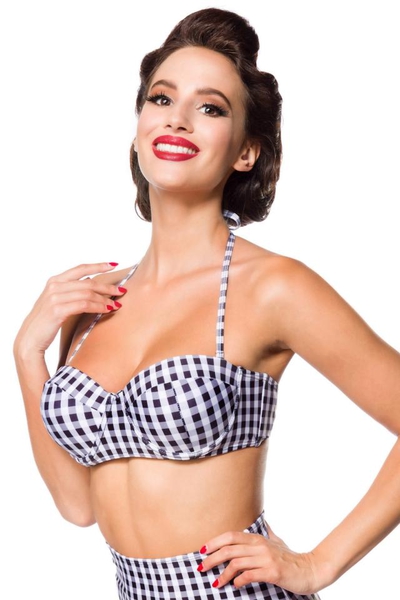 Vintage Retro Bikini Top with Check Pattern - Black-White