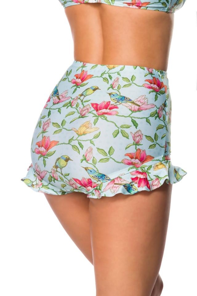 Retro Highwaist Bikini Panty with Frill and Floral Pattern - Blue-Pink-Green