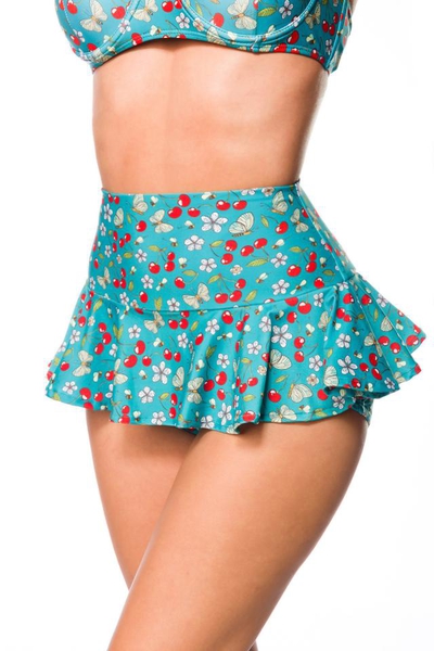 Retro Highwaist Bikini Skirt with Cherry Blossom Pattern - Green-White