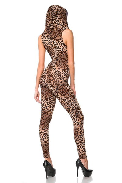 Hooded Catsuit in Brown Leopard