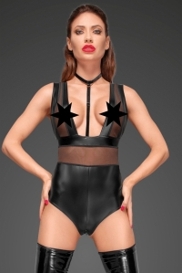 Wetlook Bodysuit with Tulle Panels and Choker - Decadence...