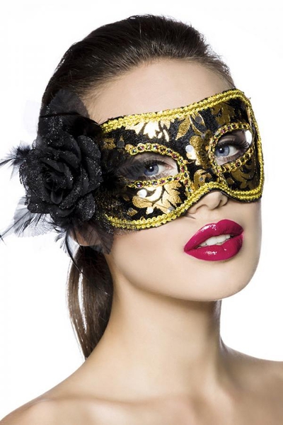 Black-Gold Lace Mask with Rose Detail