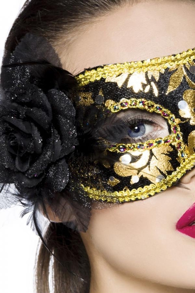 Black-Gold Lace Mask with Rose Detail