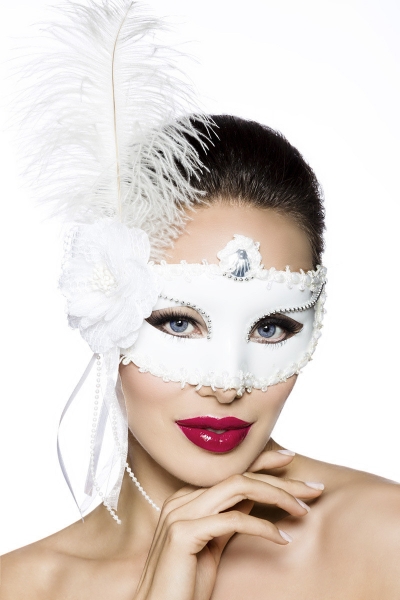 White Flower Spitzen-Maske mit Blüte und Feder